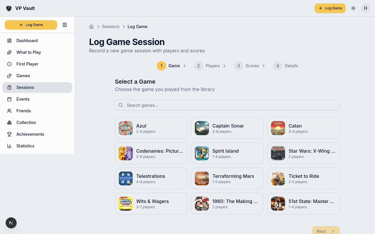 Logging a new game session with player picker