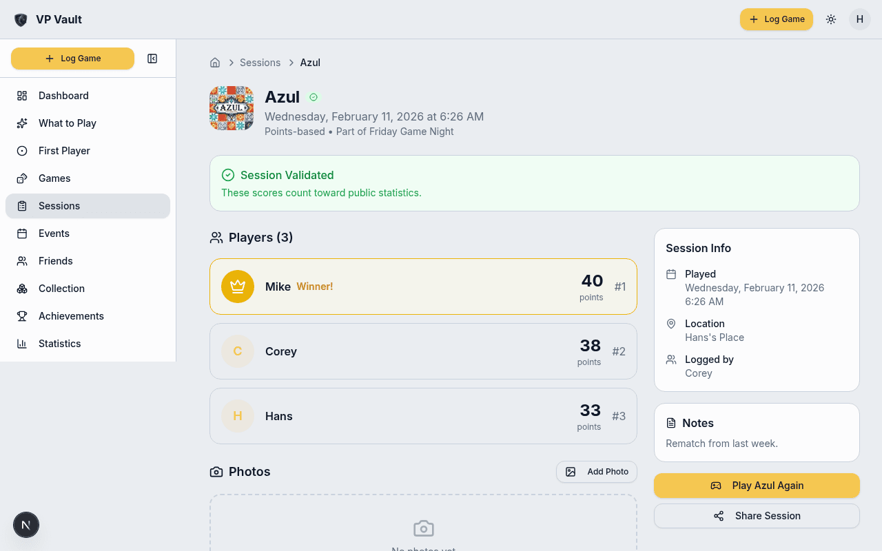 Session detail view showing scores and winners